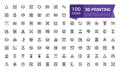 3D printing outline icon set. Print technology editable stroke line symbols. Computer aided design (CAD), digital model, rapid prototyping icon collection.