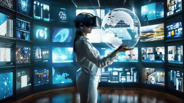 Businesswoman wearing virtual reality goggles. standing, looking futuristic. Technology innovation connection. entrepreneur gesturing, imagination creativity. People working, communication progress.
