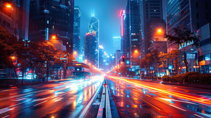 Obraz premium Illuminated Urban Street with Motion Blur - Dynamic City Lights Photography