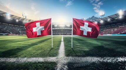 England vs Switzerland football match, English flag, Swiss flag, stadium, Euro 2024, UEFA European Football Championship