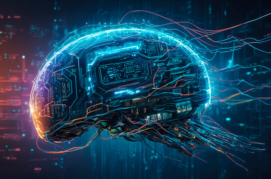 Computer code is polymorphic in the form of running and flying cyberpunk-style brains. Generative AI