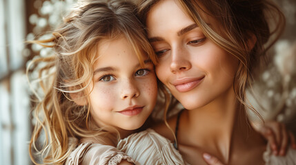 Fototapeta premium Mother and daughter with angelic blonde hair share intimate moment in soft light. Beautiful women embrace, showcasing loving family bond and gentle affection. Concept of motherhood, relationships
