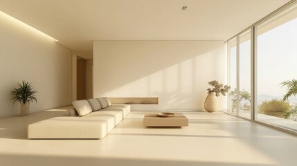 A minimalist living room with a neutral color palette, a few decorative elements, and plenty of open space.