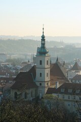 Sunrise in Prague. The sun shines on the towers