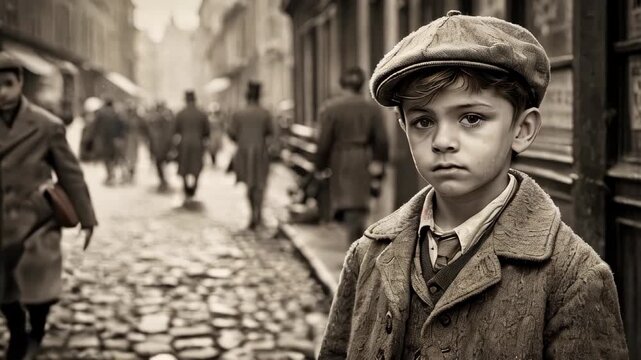 A young boy standing alone on the street, vintage 1900s style sepia image
