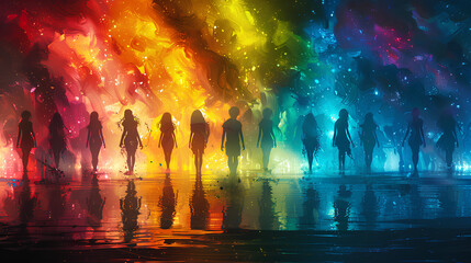 silhouette image of art paint illustration of many people on a colorful fantasy background