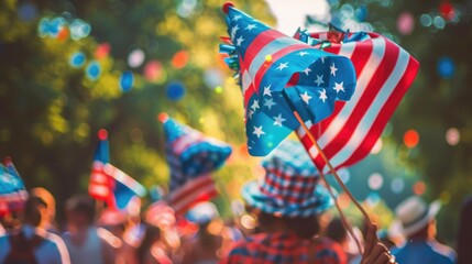 A group of people holding American flags and wearing patriotic hats, ready for celebration or protest