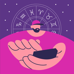 Astrology concept, Boy character reading a natal chart, future prediction in app. Flat vector illustration.