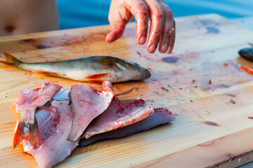 cleaning and preparing fish. making fillets with knife on wooden board