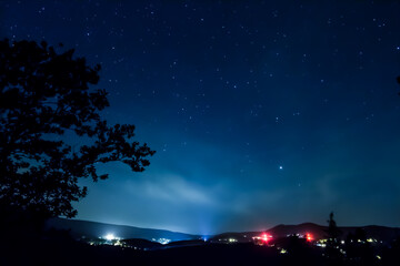 night sky and city lights, sky background with stars, tree in the night sky