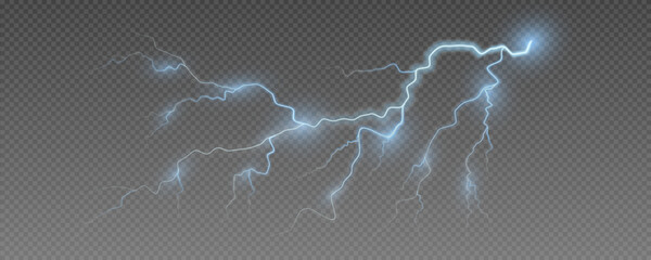 Realistic lightning flash effect, thunderstorm and lightning. Shining white lightning isolated on transparent background, natural phenomenon png.