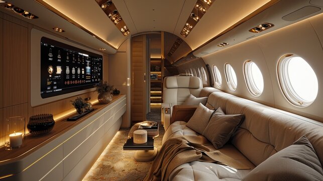 A lavish interior of a private jet featuring plush seats, soft lighting, and a high-tech entertainment system, exuding comfort and opulence for elite travelers.