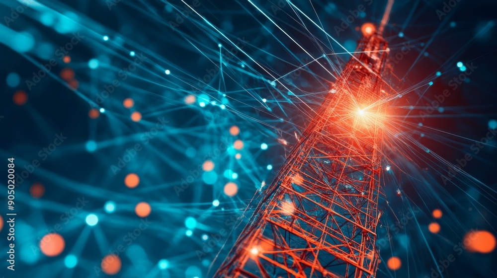 Poster a network tower with signal waves emanating, symbolizing wireless communication infrastructure.