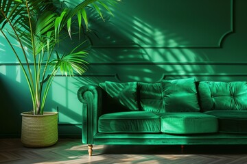 there is a green sofa in the room, and next to it are green palm leaves