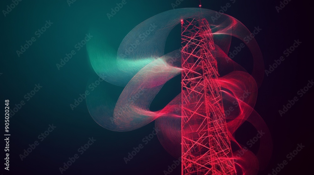 Poster a network tower with signal waves emanating, symbolizing wireless communication infrastructure.