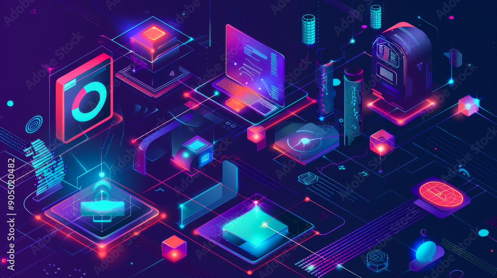 Poster colorful futuristic image of a computer network with a green frame in the middle. concept of technol
