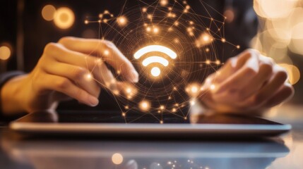 A person using a tablet with a wireless connection symbol overlaying the screen.