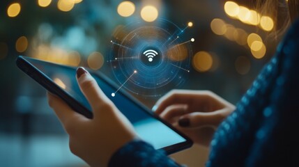 A person using a tablet with a wireless connection symbol overlaying the screen.