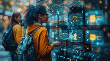 Obraz premium A woman with curly hair is using a futuristic digital data interface in a vibrant and dynamic setting, symbolizing the advanced technology and information analysis in the modern era.