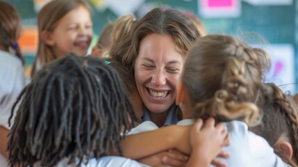 Obraz premium A woman is hugging a group of children