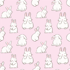 Seamless Pattern of Hand Drawn Cartoon Rabbit Design on Light Pink Background