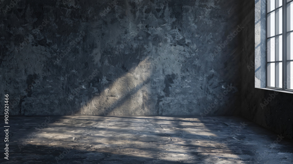 Poster sunlight is casting geometric shadows from the window in an empty grunge room
