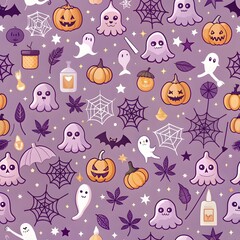 Fototapeta premium Seamless pattern with Halloween elements. Purple Halloween design for greeting cards, gift boxes, wallpaper, fabric, and web designs