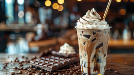 A close-up of a chocolate iced coffee. Perfect for advertising a cafe, coffee shop or a blog about...