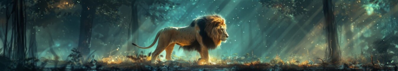 Obraz premium Lone Wild Lion in an Abstract, Dramatic Night Forest Scene: A 3D Rendered Isolation Illustration on a Theatrical Backdrop.