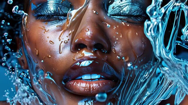 Portrait of beautiful african american woman with water splash. Young female face skin care wellness, wet droplets for freshness and purity. Smiling person looking at camera.