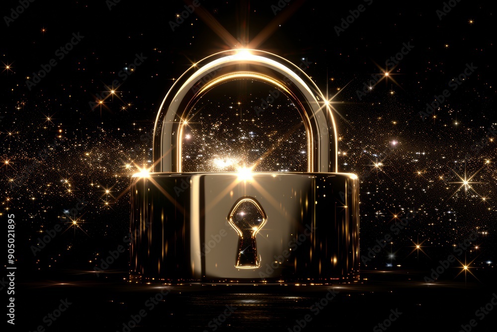 Poster golden digital padlock emerging from a dazzling cyber vortex, symbolizing advanced data security.