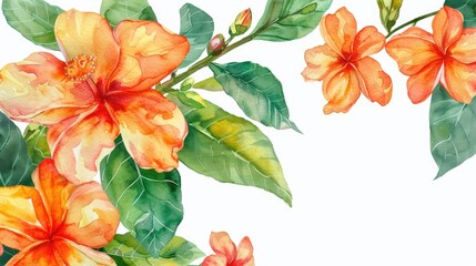 Fototapeta premium Orange hibiscus flowers in bloom. Perfect for floral designs, greeting cards, and invitations.