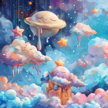 A surreal and whimsical dreamscape painting featuring a sleeping planet surrounded by fluffy clouds and twinkling stars