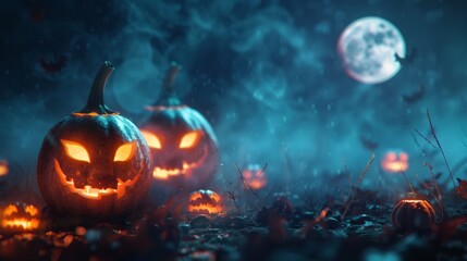 Obraz premium A group of pumpkins with glowing eyes are scattered across a field