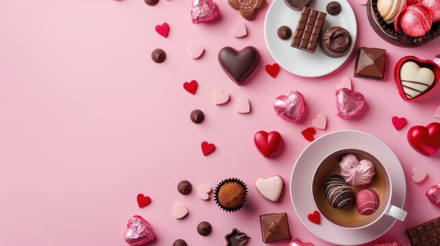 Valentine s Day theme with chocolates coffee hearts on pink background Flatlay with space for a message Greeting card and present