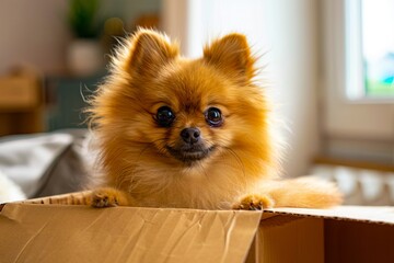A small brown dog sitting in a cardboard box