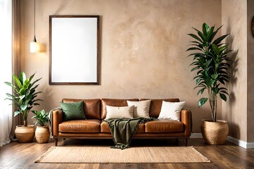 Brown leather sofa, picture frame, room design. View of modern scandinavian style interior with artwork mock up on wall.