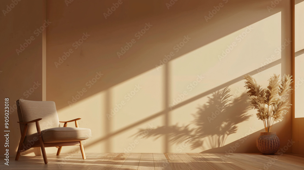 Aufkleber Sunlight shining through window and casting shadows in a room with armchair and vase