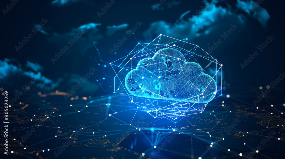 Poster digital cloud on in neon lights. serverless technology on hybrid cloud network with modern digital i