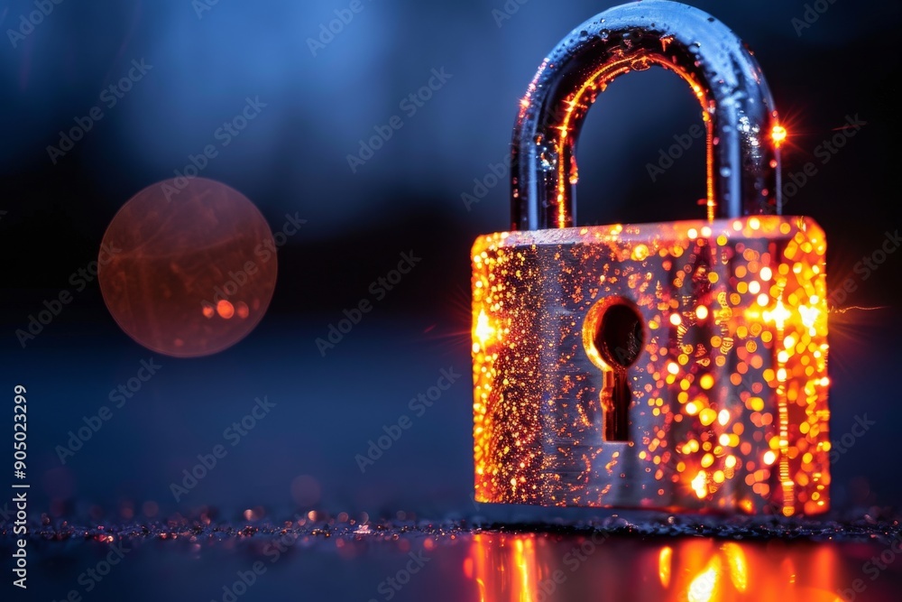 Aufkleber padlock with digital particles in cyber space, visualizing encrypted data flow in secure networks.