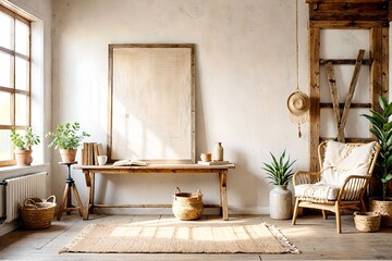 Picture frame, desk, and chair, room design. View of modern scandinavian style interior with artwork mock up on wall.