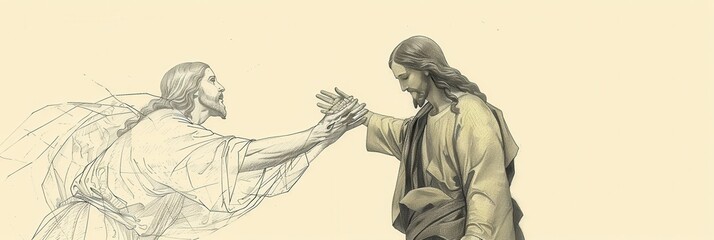 Naklejka premium Welcoming a person into Heaven, Jesus symbolizes eternal life and salvation, perfect for biblical illustration and faith-based inspiration