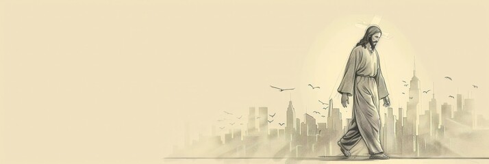 Jesus Walking Through Modern City - Biblical Illustration of Love and Peace