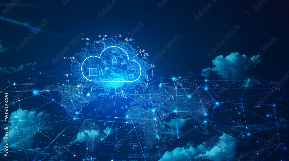 Poster digital cloud on in neon lights. serverless technology on hybrid cloud network with modern digital i