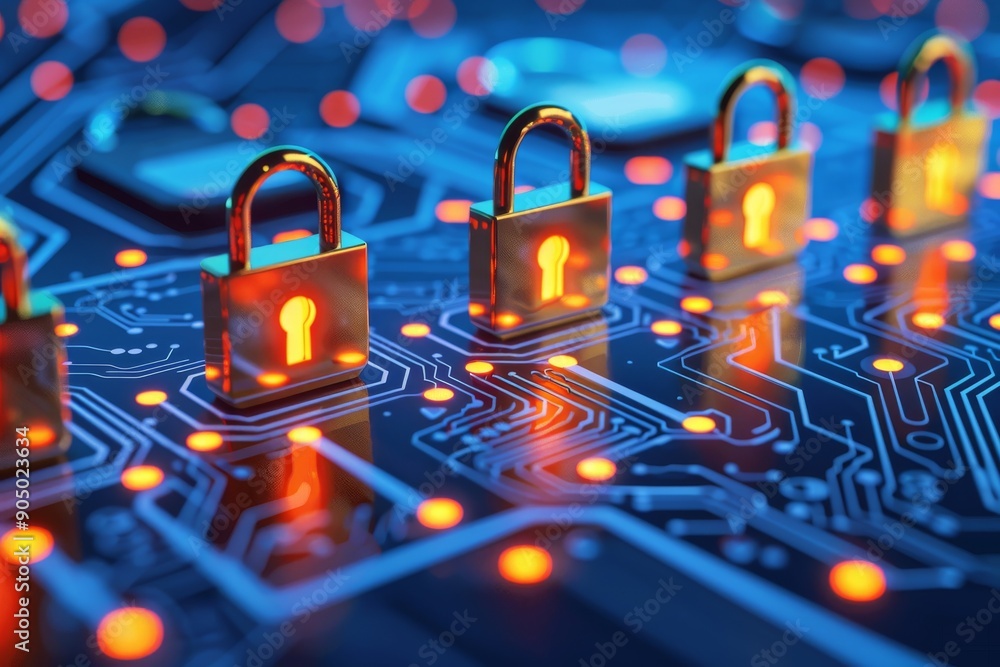 Poster network of digital locks on a glowing circuit board, illustrating complex data protection strategies