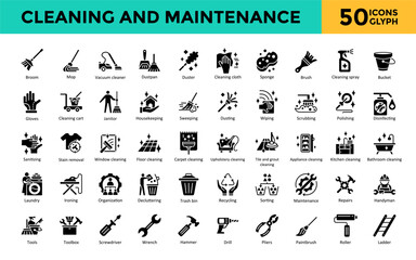 Cleaning and Maintenance icon set with broom, mop, vacuum cleaner, dustpan, duster, cleaning cloth, sponge, brush, cleaning spray, bucket icon. Simple glyph vector 
