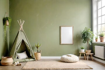 Green and tent and kids room design. View of modern scandinavian style interior with artwork mock up on wall.