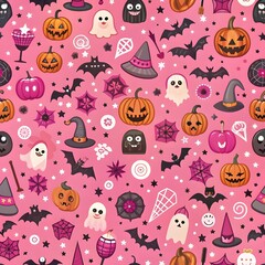 Seamless pattern with Halloween elements. Pink Halloween design for greeting cards, gift boxes, wallpaper, fabric, and web designs