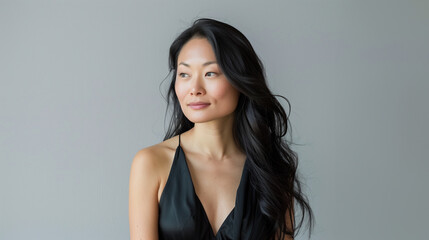 Fototapeta premium Sophisticated Asian Woman in Elegant Black Dress