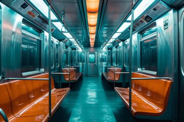 Deserted urban subway car interior in transit system environment with no passengers